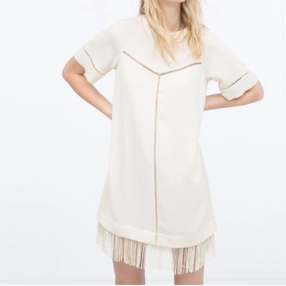 zara cream fringe dress ZARA NWT WOMAN FRINGED MINI DRESS WITH METALLIC THREAD WHITE | 9207/965